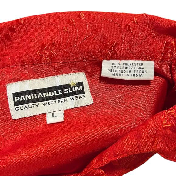 Vintage Panhandle Slim Red Satin Embroidered Floral Ruffle Shirt Womens Sz Large - Picture 6 of 16